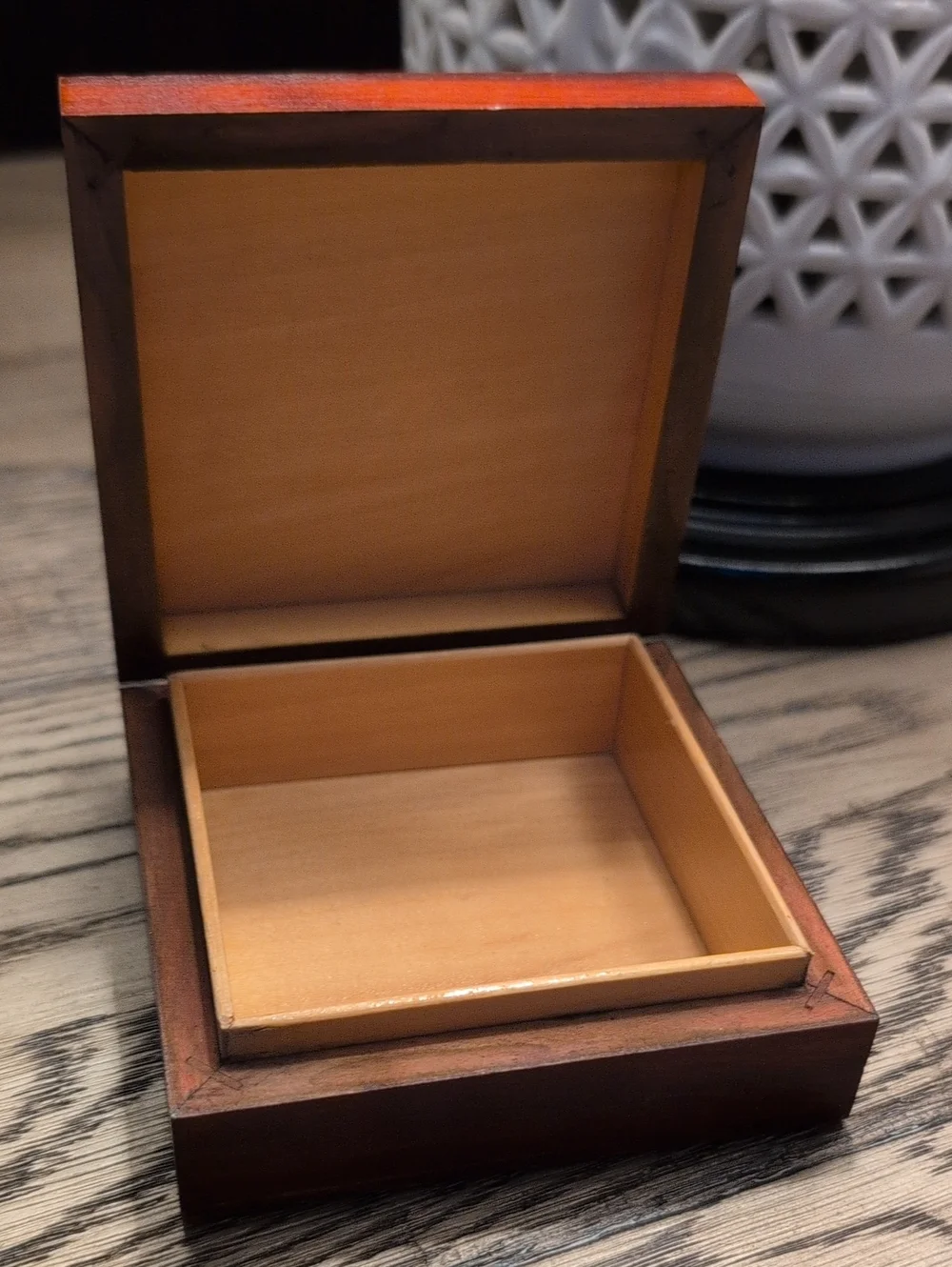 Vintage Square Hand Carved Wooden Accent Box Hinged Lid Trinket Box Brass Inlay